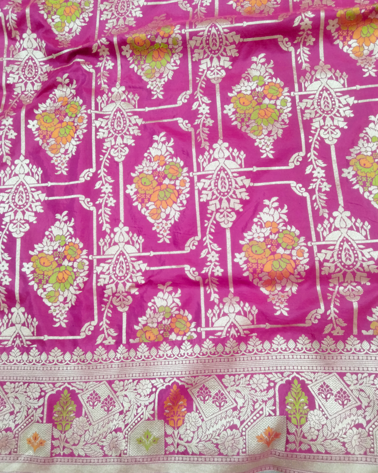 Hot Pink Pure Katan Handloom Silk - All Over Jaal Work with Tilfi Meenakari Banarasi Saree