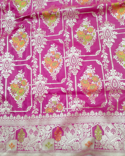 Hot pink Pure Katan Handloom - All Over Jaal Work with Tilfi Meenakari Banarasi Saree