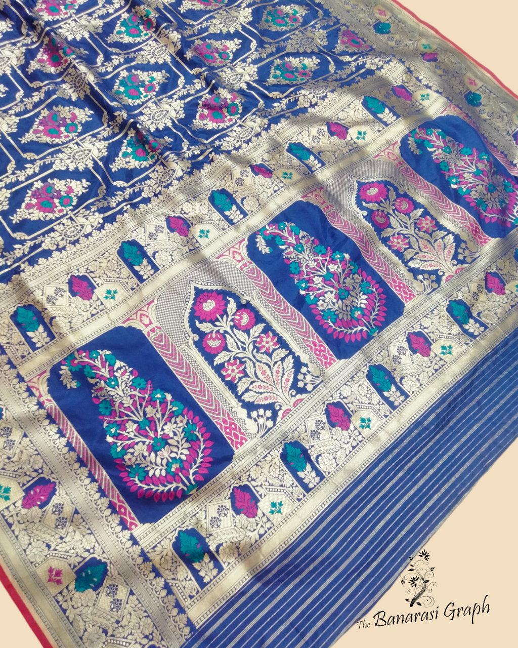 Royal Blue Pure Katan Handloom Silk - All Over Jaal Work with Tilfi Meenakari Banarasi Saree
