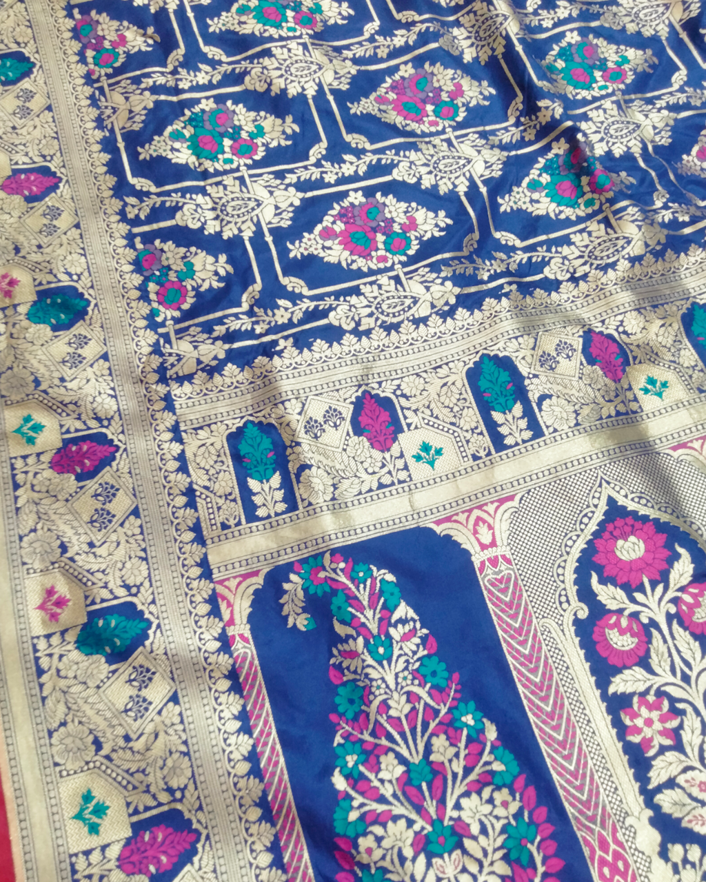 Royal Blue Pure Katan Handloom Silk - All Over Jaal Work with Tilfi Meenakari Banarasi Saree