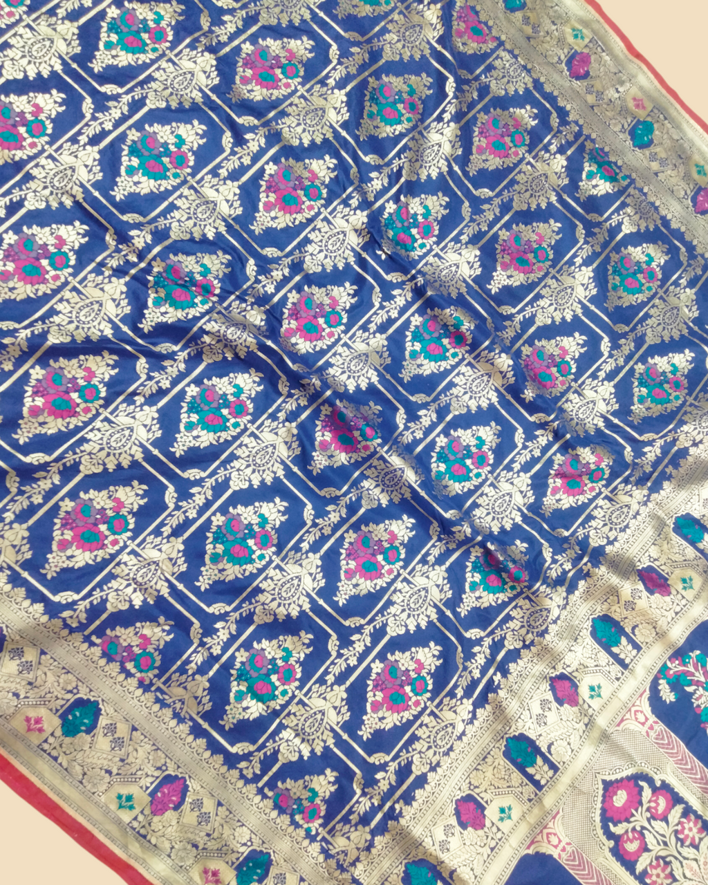 Royal Blue Pure Katan Handloom Silk - All Over Jaal Work with Tilfi Meenakari Banarasi Saree