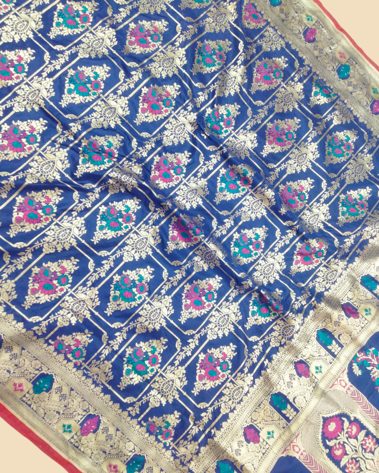 Royal Blue Pure Katan Handloom Silk - All Over Jaal Work with Tilfi Meenakari Banarasi Saree