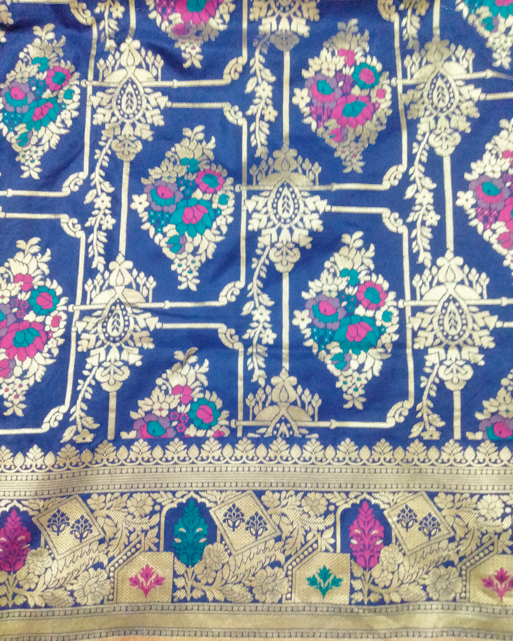 Royal Blue Pure Katan Handloom Silk - All Over Jaal Work with Tilfi Meenakari Banarasi Saree