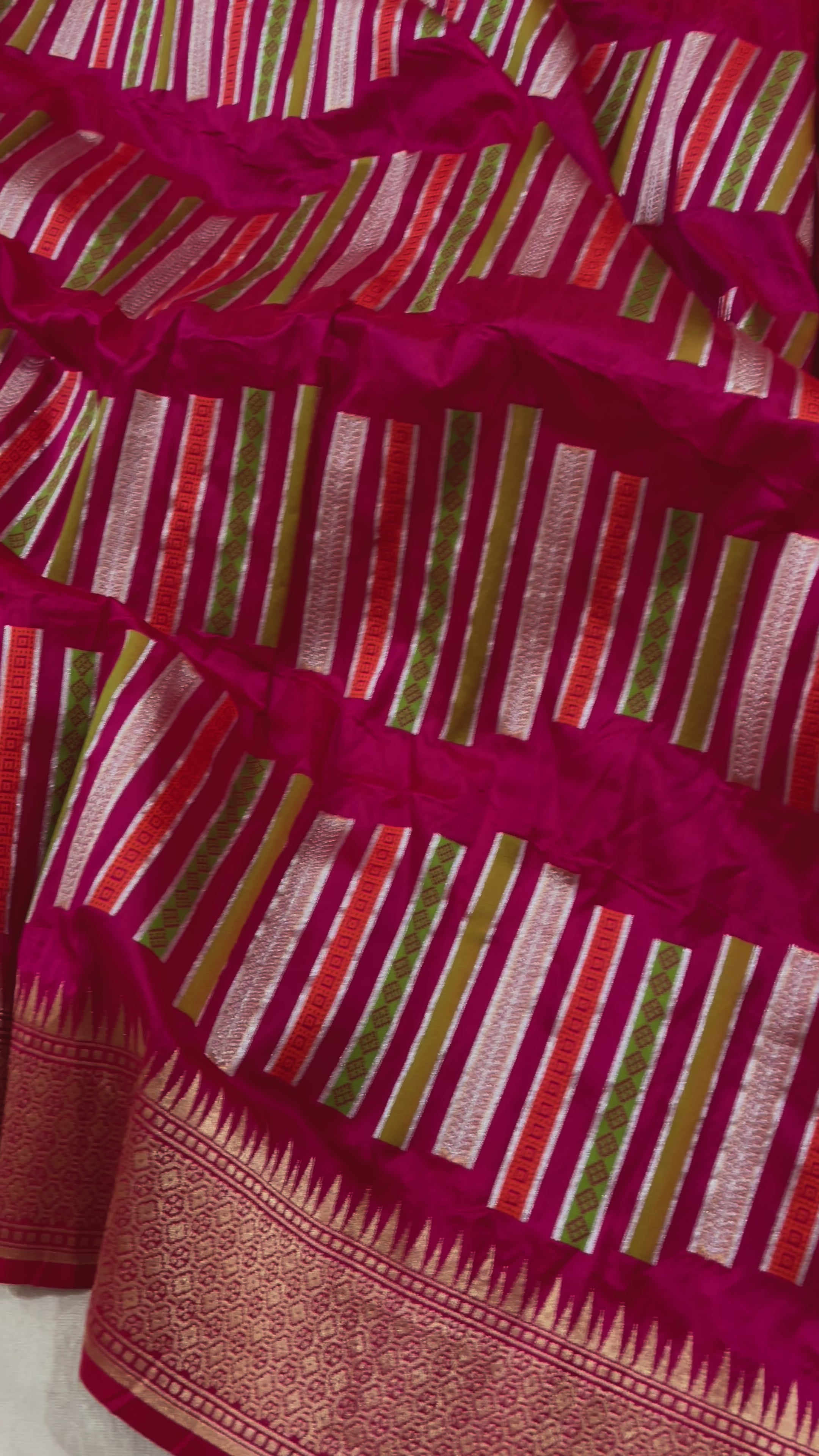 Hot Pink Pure Katan Handloom Silk - Strip Meenakari Banarasi Saree
