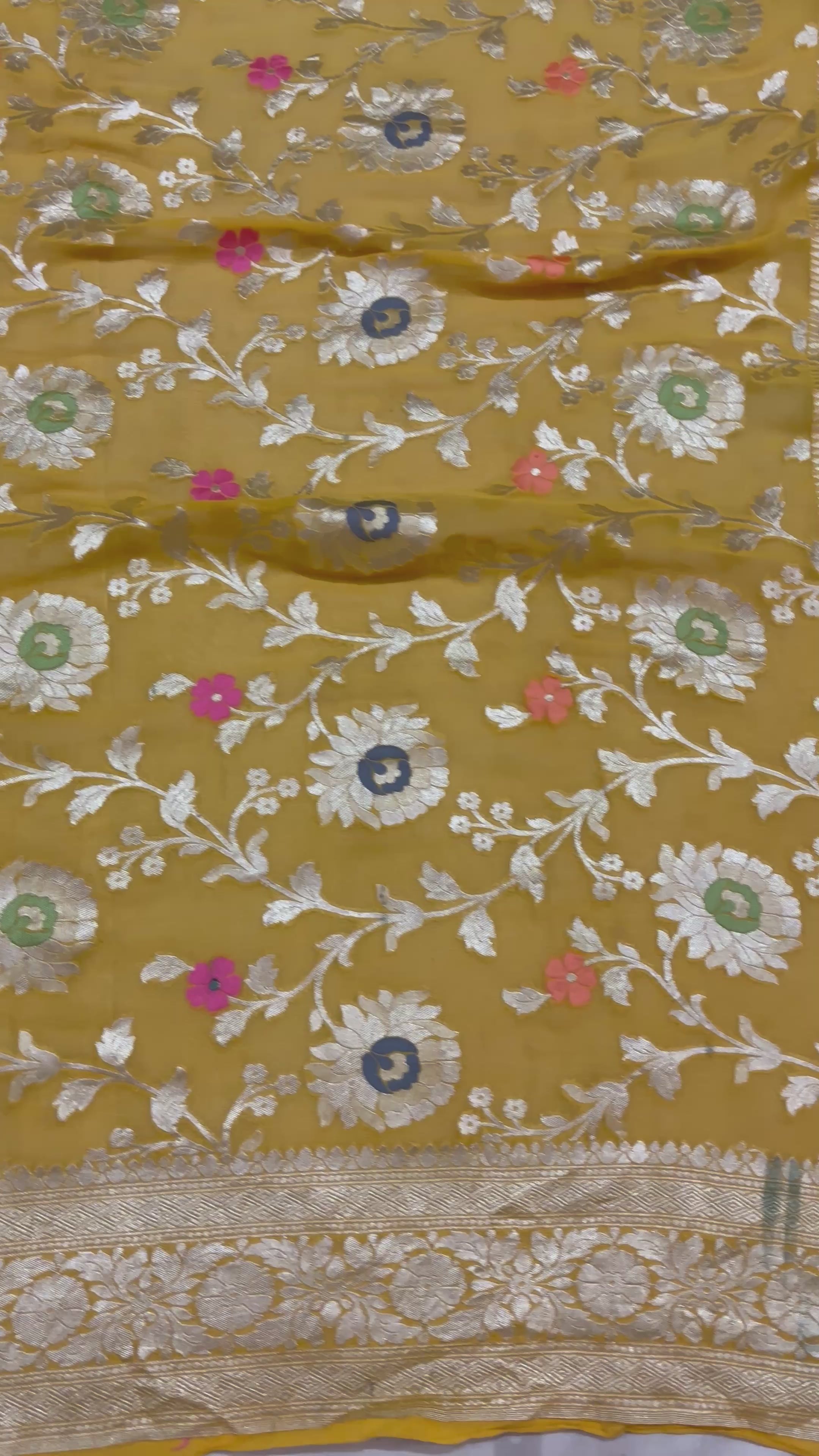 Yellow Khaddi Georgette Water Zari with Meenakari - All Over Jaal Work Pure Banarasi Saree