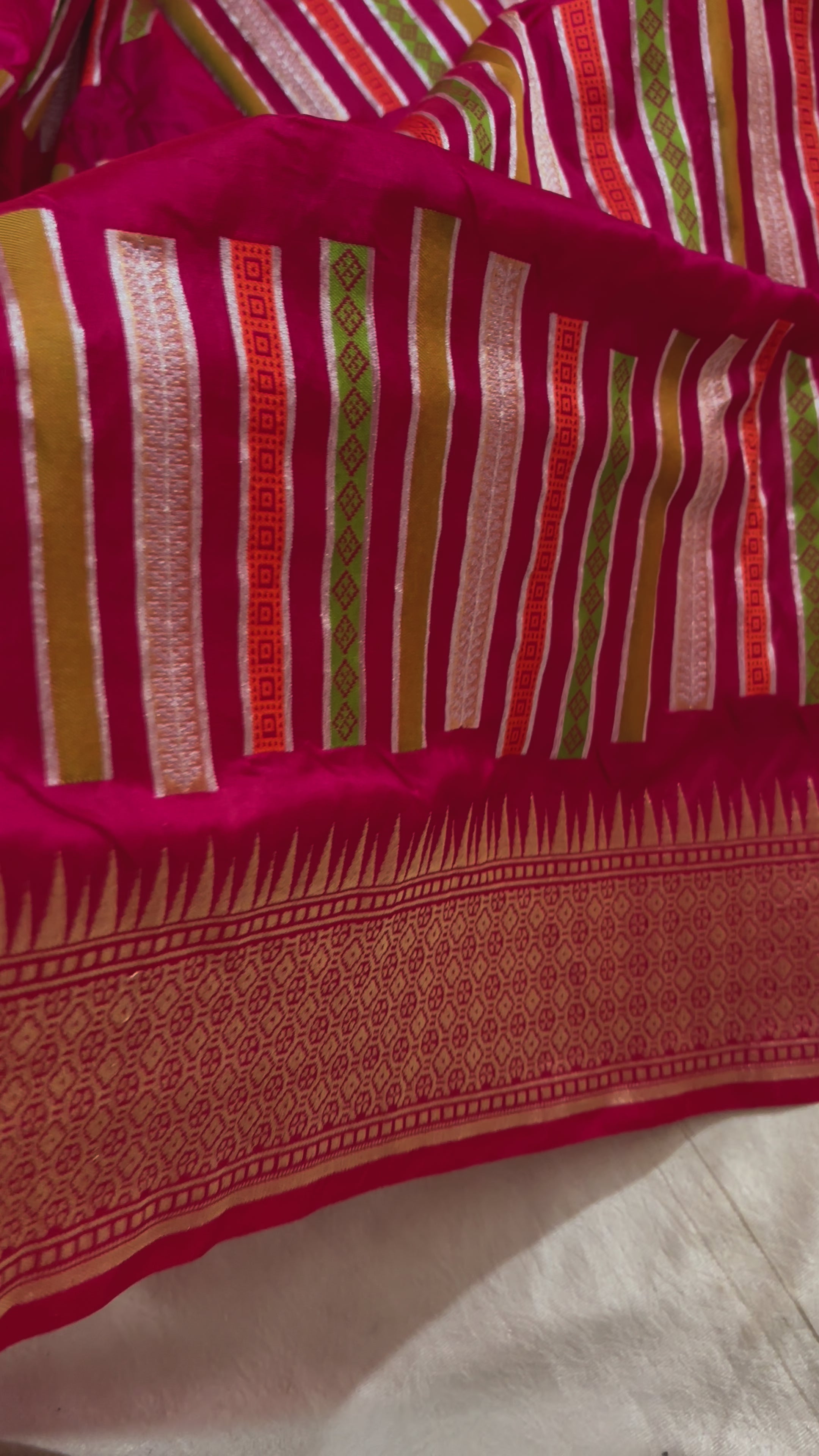 Hot Pink Pure Katan Handloom Silk - Strip Meenakari Banarasi Saree